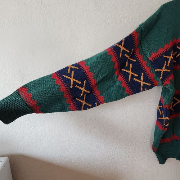 NOS VTG Claiborne Grandpa Sweater Large Crewneck Geometric Geen L Cotton 80s 90s - Picture 4 of 8